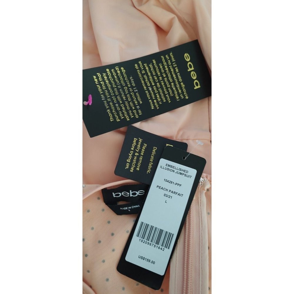 BEBE Jumpsuit L Peach Parfait Embellished Illusion Wide Leg Cocktail Stretch - Picture 11 of 12